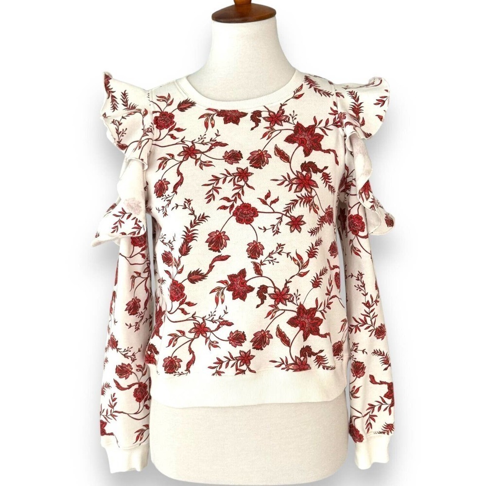 🍀Rebecca Minkoff White Red Floral Cold Shoulder Crew Neck Sweatshirt Size XS